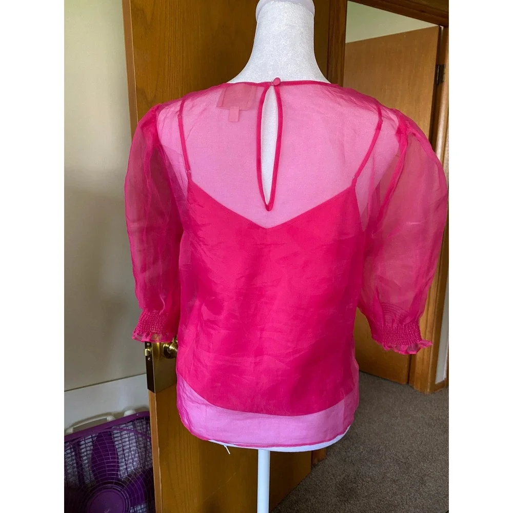 Cinq a Sept Katerina 100% Silk Sheer Hot Pink Puff Sleeve Blouse Top Small Luxe - Picture 5 of 9